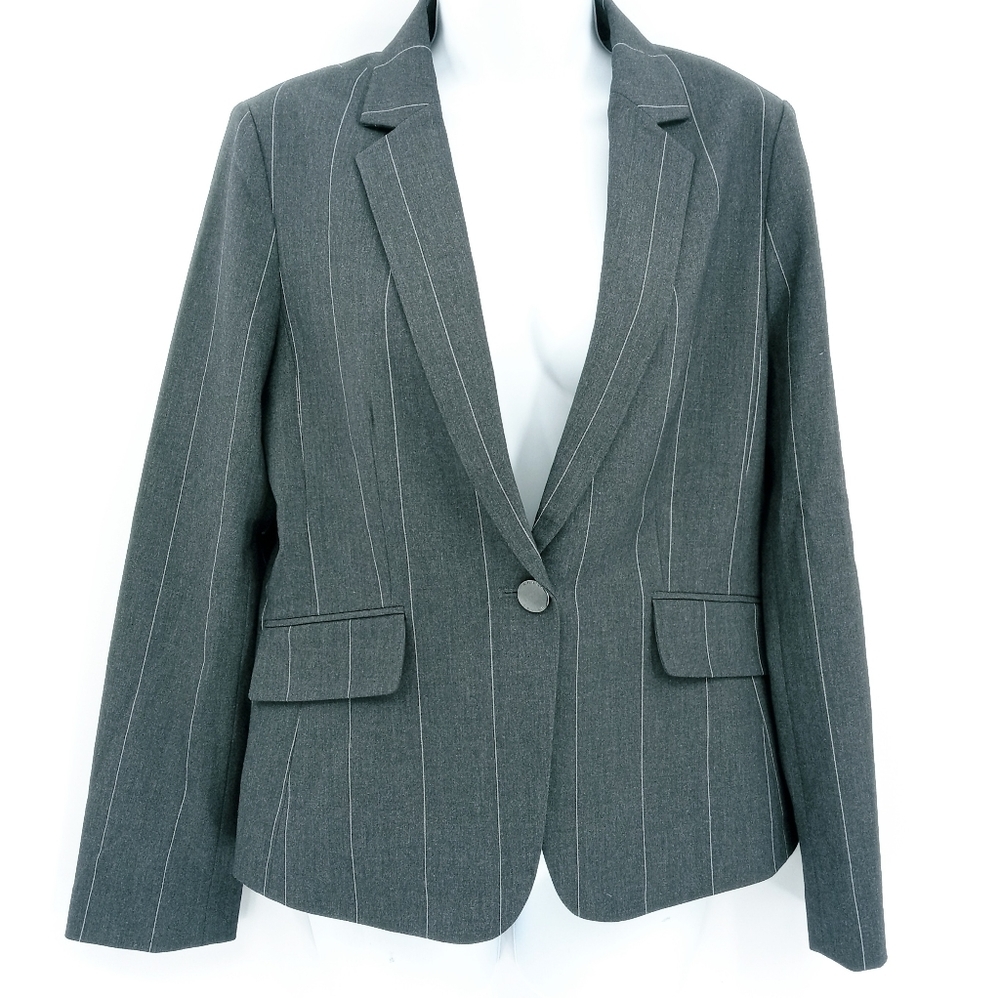 Tahari Pinstripe Dark Grey One Button Blazer